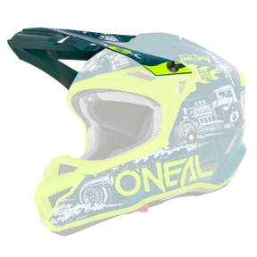 Bild des lebhaften O'NEAL Visor 5SRS Polyacrylite Helms HR. Die Hauptfarben des Helms sind Neongelb und Blaugrün, verziert mit Grafiken von Oldtimern und Surfbrettern. Der Markenname „O'Neal“ ist in fetten gelben Buchstaben deutlich sichtbar an der Seite angebracht. Das Innere scheint gut gepolstert und somit bequem.