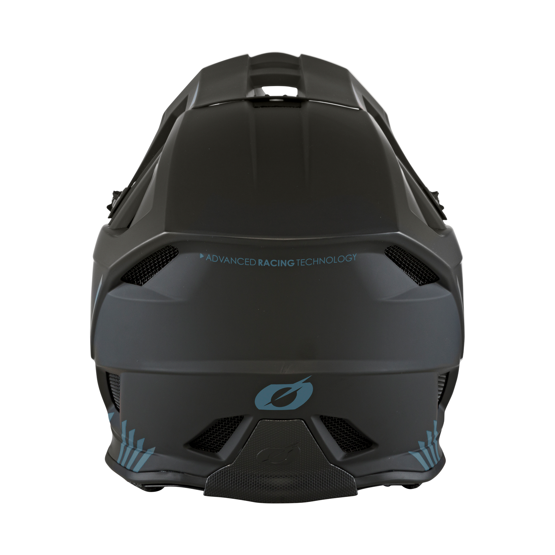 Ein mattschwarzer O'NEAL BLADE Polyacrylite Helm SOLID von hinten gesehen, mit blauen Akzenten, Belüftungsdesign und „ADVANCED RACING TECHNOLOGY“ im oberen Bereich – ein robuster MTB-Helm von O'NEAL aus Polyacrylit.