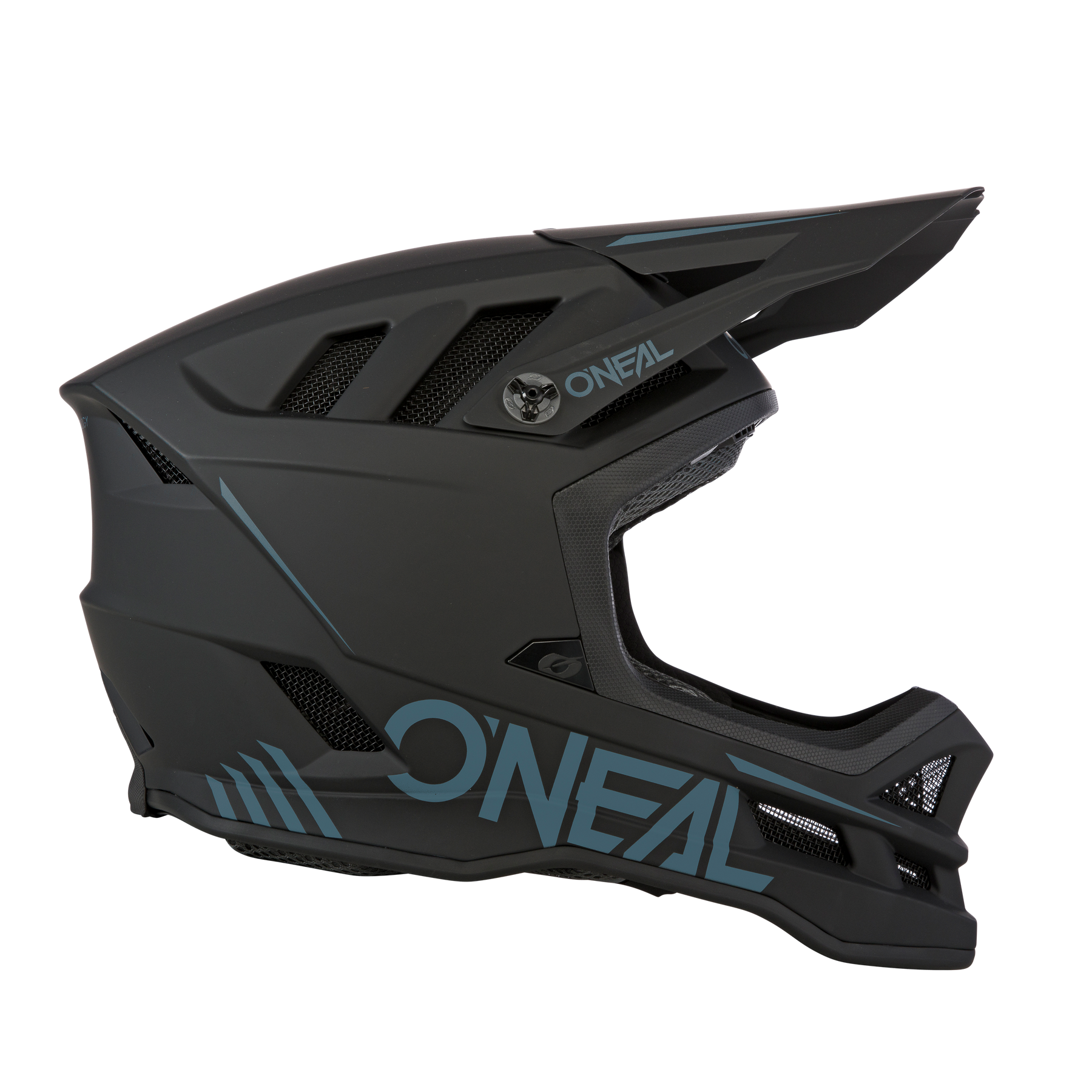Der O’NEAL BLADE Polyacrylite Helm SOLID ist ein mattschwarzer Integralhelm für Motocross und MTB mit Belüftungsschlitzen und auffälligem blauen „O’NEAL“-Branding an der Seite.