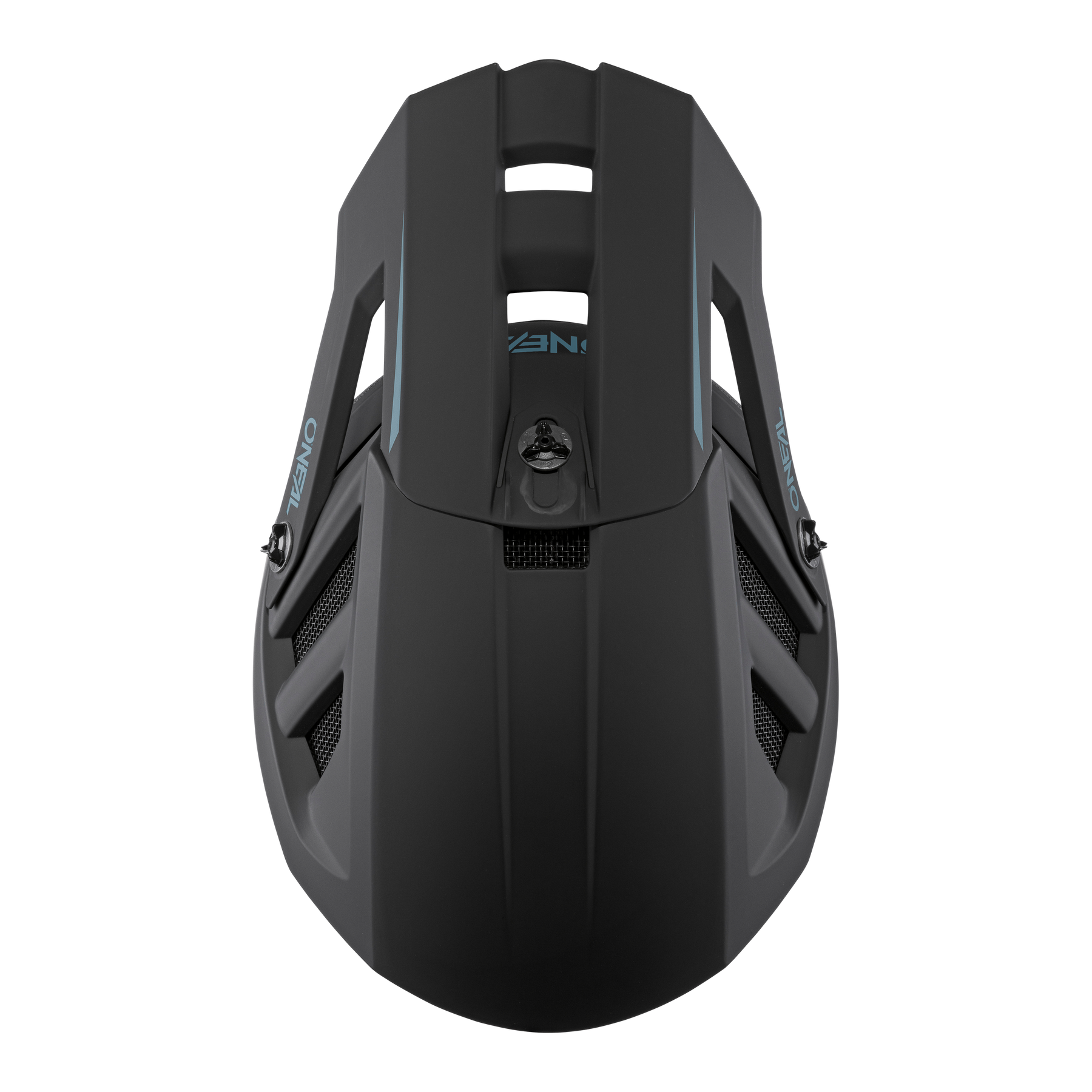Draufsicht des O'NEAL BLADE Polyacrylite Helm SOLID, eines mattschwarzen MTB-Helms mit aerodynamischen Belüftungsöffnungen von O'NEAL.