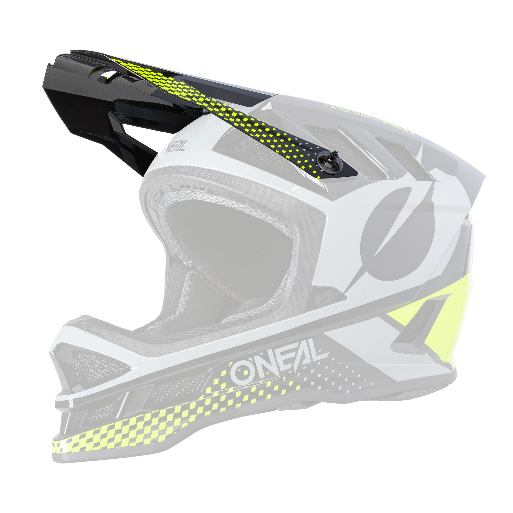 Der O'NEAL Visor BLADE Polyacrylite Helmet ACE ist ein Motocross-Vollvisierhelm in schwarzem, grauem und neongelbem geometrischem Design, der im Profil mit einem markanten Visier und Kinnschutz mit dem O'NEAL-Markennamen abgebildet ist.
