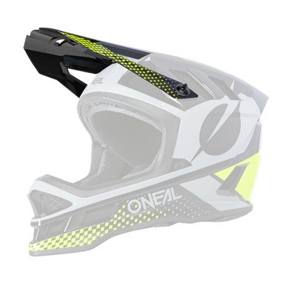 Der O'NEAL Visor BLADE Polyacrylite Helmet ACE ist ein Motocross-Vollvisierhelm in schwarzem, grauem und neongelbem geometrischem Design, der im Profil mit einem markanten Visier und Kinnschutz mit dem O'NEAL-Markennamen abgebildet ist.