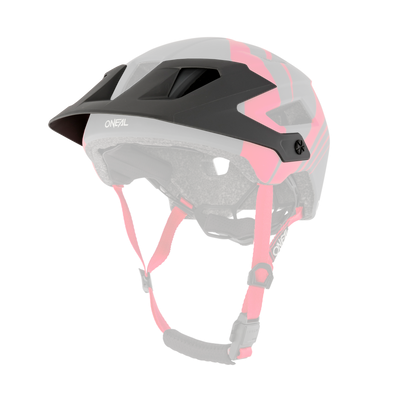 Der O'NEAL Visor DEFENDER Helmet NOVA ist ein schwarz-roter Fahrradhelm mit Visier, Belüftungsschlitzen, Schaumstoffpolsterung und verstellbaren roten Kinnriemen mit Schnalle.