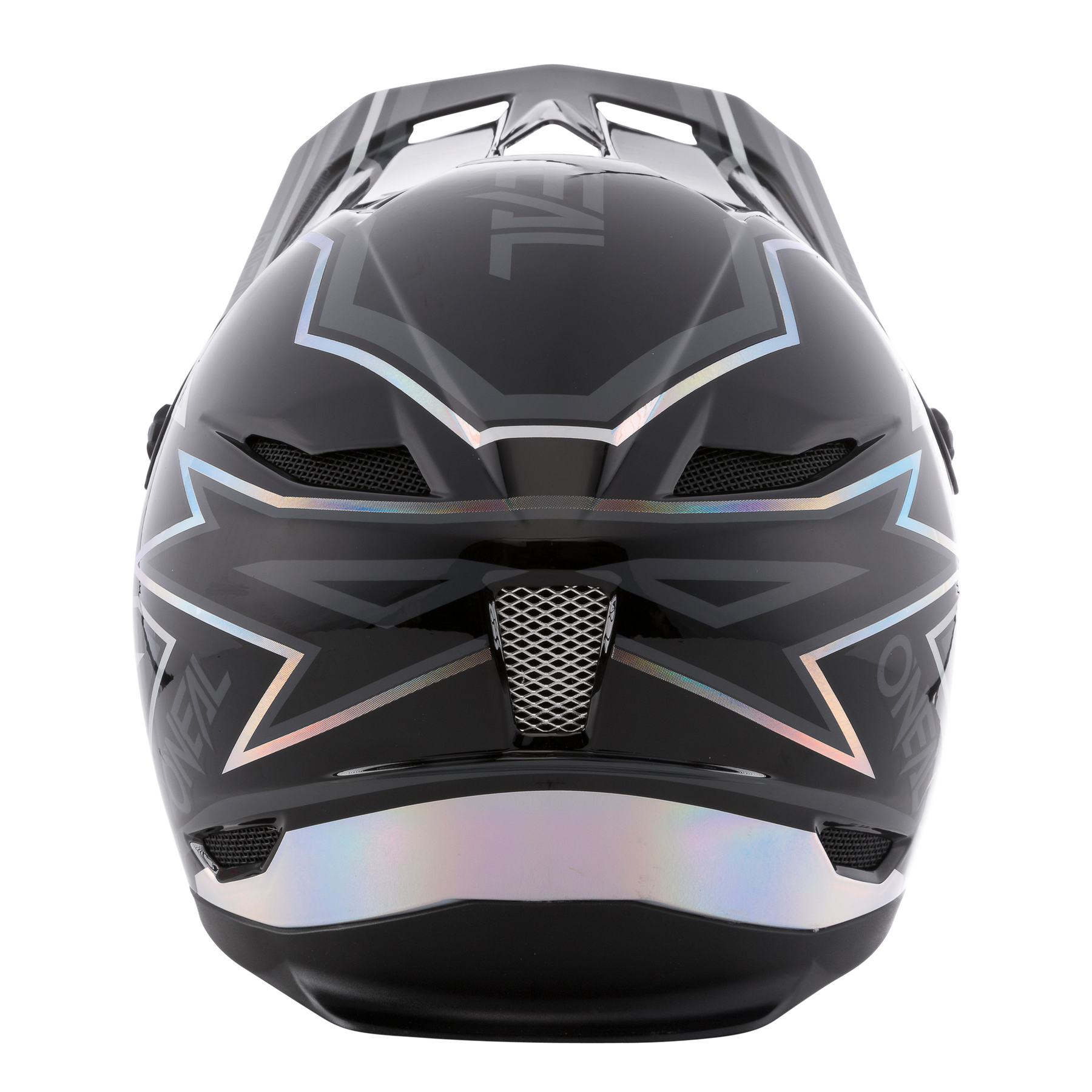 Ein schwarzer O'NEAL FURY Helm RAPID Motorradhelm mit geometrischen silbernen und schillernden Akzenten, Vorderansicht, verfügt über eine zentrale Lüftungsöffnung und ein schlankes, kantiges ABS-Design.