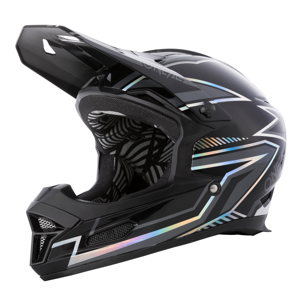 Der O'NEAL FURY Helm RAPID ist ein schwarzer Mountainbike-Vollvisierhelm mit weißen, blauen und schillernden geometrischen Mustern, Visier, Kinnschutz und gepolsterter ABS-Innenausstattung.