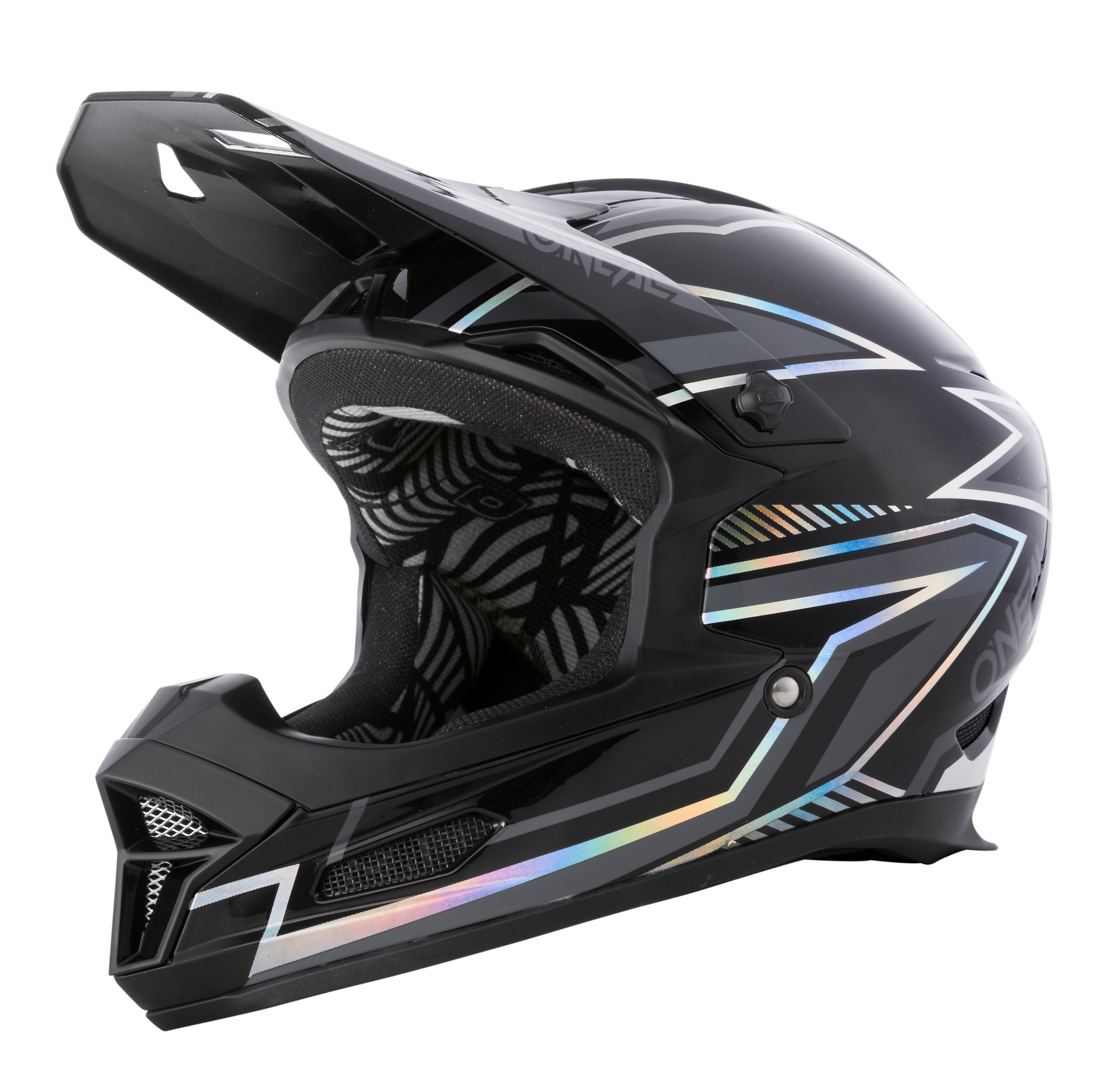 Der O'NEAL FURY Helm RAPID ist ein schwarzer Mountainbike-Vollvisierhelm mit weißen, blauen und schillernden geometrischen Mustern, Visier, Kinnschutz und gepolsterter ABS-Innenausstattung.