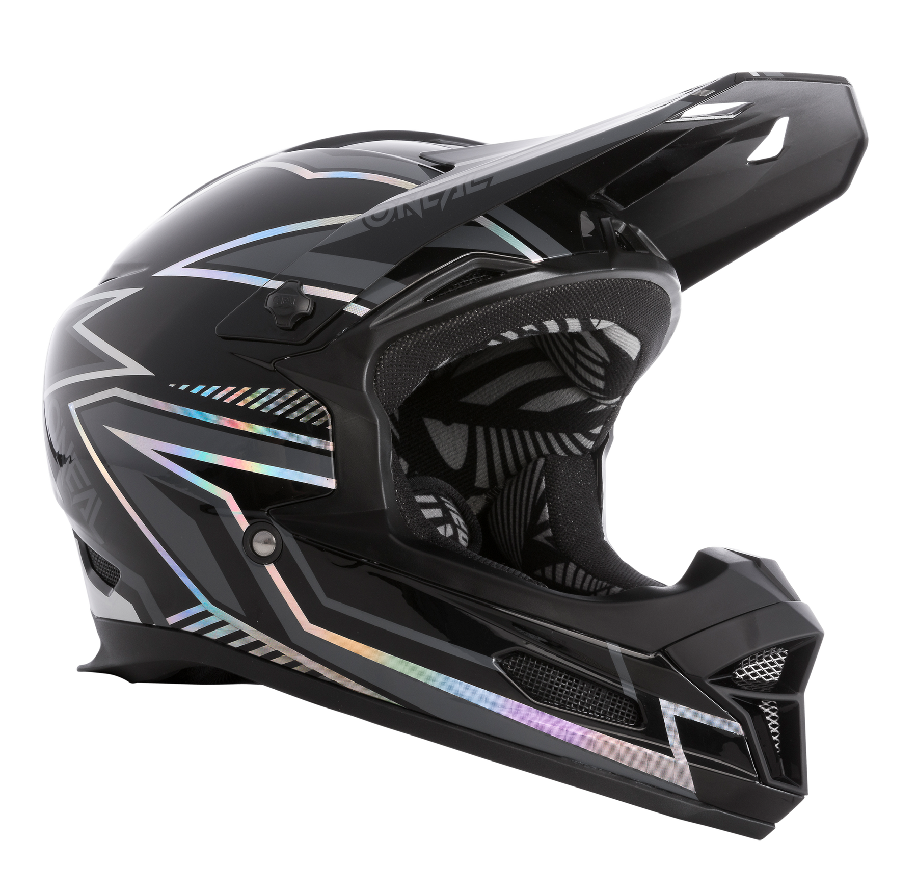 Der O'NEAL FURY Helm RAPID ist ein schwarzer Integralhelm mit einem aerodynamischen Visier, silbernen, grauen und schillernden geometrischen Akzenten auf der ABS-Schale und einer Innenpolsterung mit einem einzigartigen schwarz-weißen Muster.