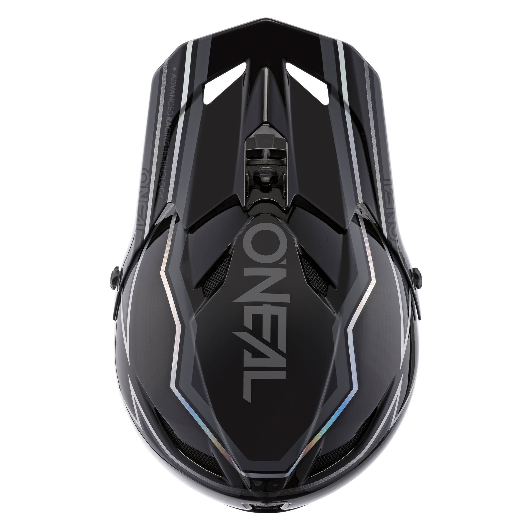 Draufsicht auf den eleganten schwarzen O'NEAL FURY Helm RAPID mit kantigem Design, grauen Akzenten und auffälligem "O'NEAL"-Logo - perfekt für Fahrer, die einen stylischen, schützenden Mountainbike-Helm suchen.