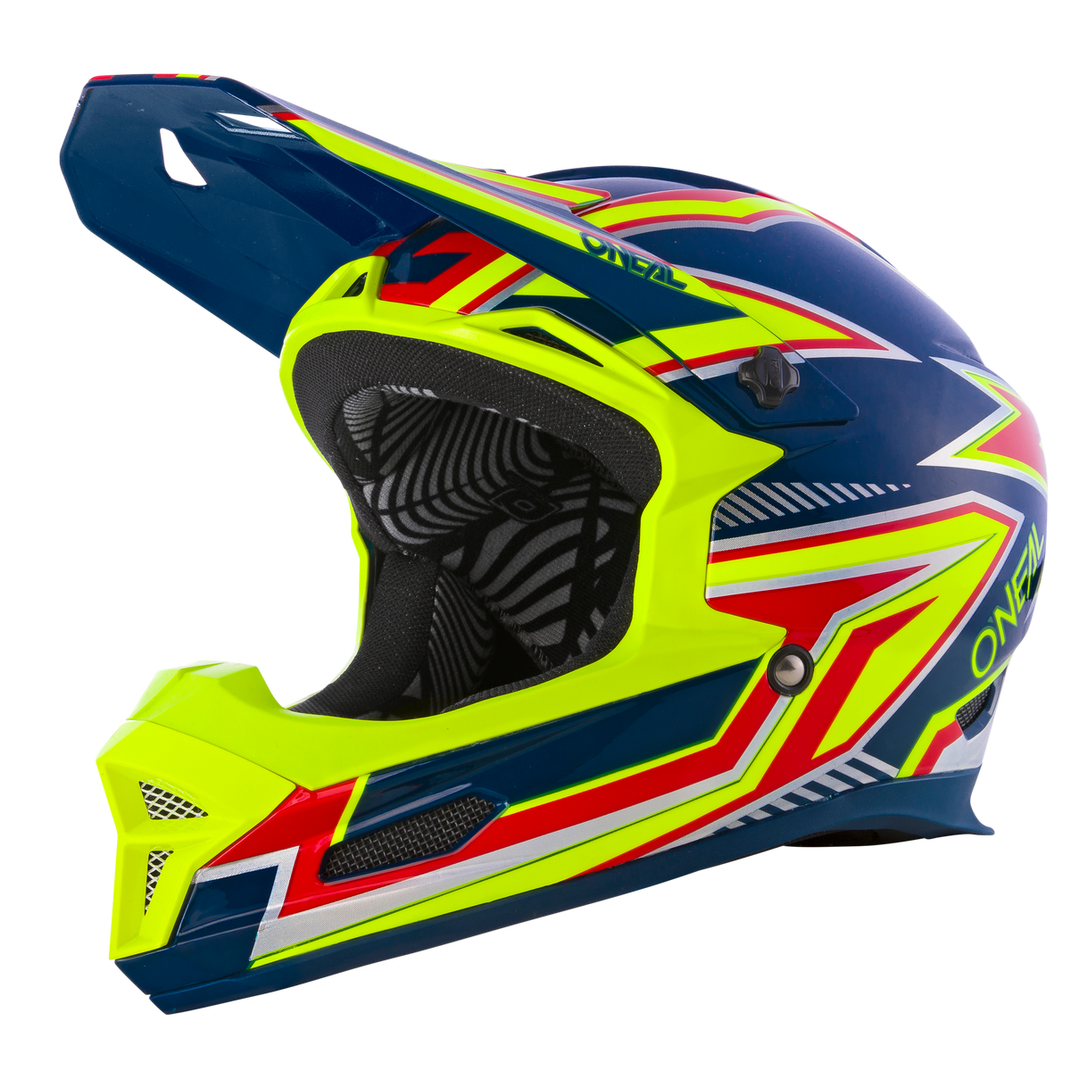 Der O'NEAL FURY Helm RAPID hat eine blaue Basis mit neongelben und roten geometrischen Mustern, eine schwarz-weiße Innenausstattung und ein großes Visier - ideal für den Kopfschutz beim Offroad-Motorradfahren oder als stylischer Mountainbike-Helm.