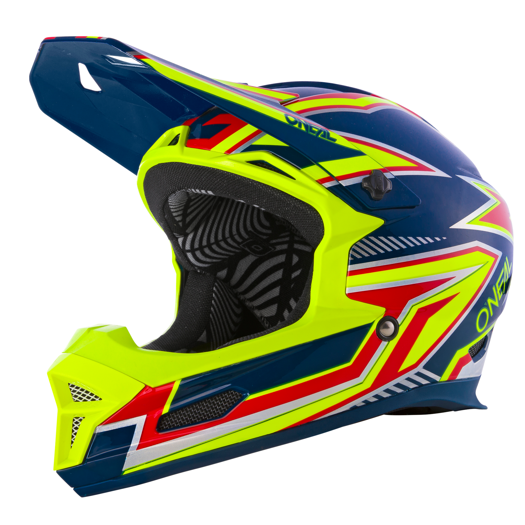 Der O'NEAL FURY Helm RAPID ist ein auffälliger Mountainbike-Helm mit spitzem Visier und einer blauen Basis, die mit leuchtend gelben, roten und weißen geometrischen Mustern verziert ist. Das Design zeigt deutlich das Markenlogo „O'NEAL“ an der Seite. Innen ist der Helm für Komfort und Sicherheit gepolstert.