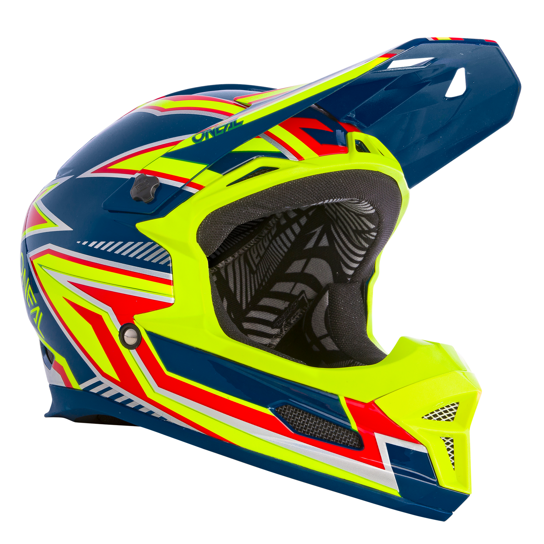 Der O'NEAL FURY Helm RAPID ist ein farbenfroher Mountainbike-Helm mit einem lebendigen Design mit geometrischen Mustern in Neongelb, Rot, Weiß und Blau. Er verfügt über ein eckiges Visier und ein atmungsaktives Mesh-Innenfutter für Sicherheit und Komfort.
