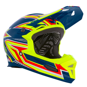 Der O'NEAL FURY Helm RAPID ist ein farbenfroher Mountainbike-Helm mit einem lebendigen Design mit geometrischen Mustern in Neongelb, Rot, Weiß und Blau. Er verfügt über ein eckiges Visier und ein atmungsaktives Mesh-Innenfutter für Sicherheit und Komfort.