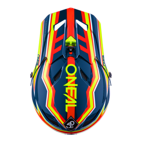 Eine Draufsicht auf den lebhaften O'NEAL FURY Helm RAPID zeigt markante rote, gelbe und orange Linien auf einer dunklen Grundfarbe. Das Design enthält das Wort „O'NEAL“ in fetten, gelben Buchstaben auf der Oberseite und ein „50 Jahre“-Logo auf der Vorderseite. Dieser Helm bietet mit seinen scharfen, aerodynamischen Belüftungsöffnungen sowohl Komfort als auch Sicherheit.