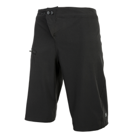 Ein Paar schwarze, knielange O'NEAL MATRIX Chamois Shorts mit einem Frontverschluss mit zwei Knöpfen. Die Shorts haben eine Seitentasche mit Reißverschluss und sichtbaren Nähten. Das Material wirkt strapazierfähig, wodurch sie für verschiedene Outdoor-Aktivitäten geeignet ist und perfekt zur MTB-Ausrüstung von O'NEAL passt.