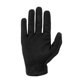 Ein einzelner Handschuh aus der O'NEAL MATRIX Handschuh STACKED-Kollektion wird mit der Handfläche nach oben gezeigt. Dieser schwarze O'NEAL-Handschuh zeichnet sich durch ein elegantes, minimalistisches Design mit glattem Stoff und verstärkten Nähten an den Fingern und Kanten aus. An der Unterkante in der Nähe des Handgelenkbereichs ist eine kleine Lasche mit dem O'NEAL-Logo sichtbar.