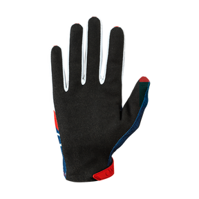 Ein schwarzer O'NEAL MATRIX Handschuh STACKED verfügt über ein Vollfingerdesign mit roten, grünen und blauen Akzenten an den Seiten und um den Daumenbereich. Die Handschlaufe ist rot und trägt ein kleines Markenlogo. Dieser Handschuh wird vor einem schlichten weißen Hintergrund angezeigt.