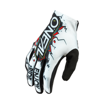 Ein weiß-schwarzer O'NEAL MATRIX Handschuh Kinder VILLAIN mit nach unten gerichteter, kräftiger Grafik. Die Worte „ENJOY THE RIDE“ und „ONEAL“ sind auf den Handschuh gedruckt, zusammen mit einem dynamischen, farbenfrohen Design mit roten geometrischen Elementen und stilisiertem Text, perfekt für jeden Motorsport-Ausrüstungs-Enthusiasten.