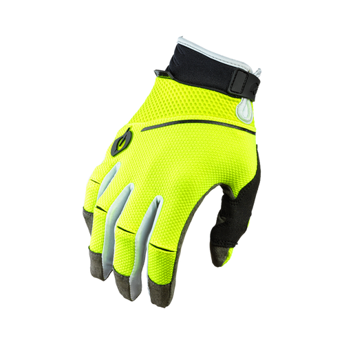 Der O'NEAL REVOLUTION Nanofront Handschuh ist ein leuchtend gelber Vollfinger-Radhandschuh mit schwarzen und grauen Akzenten, Klettverschluss am Handgelenk und atmungsaktivem Mesh - perfekt als MTB- oder MX-Handschuh.