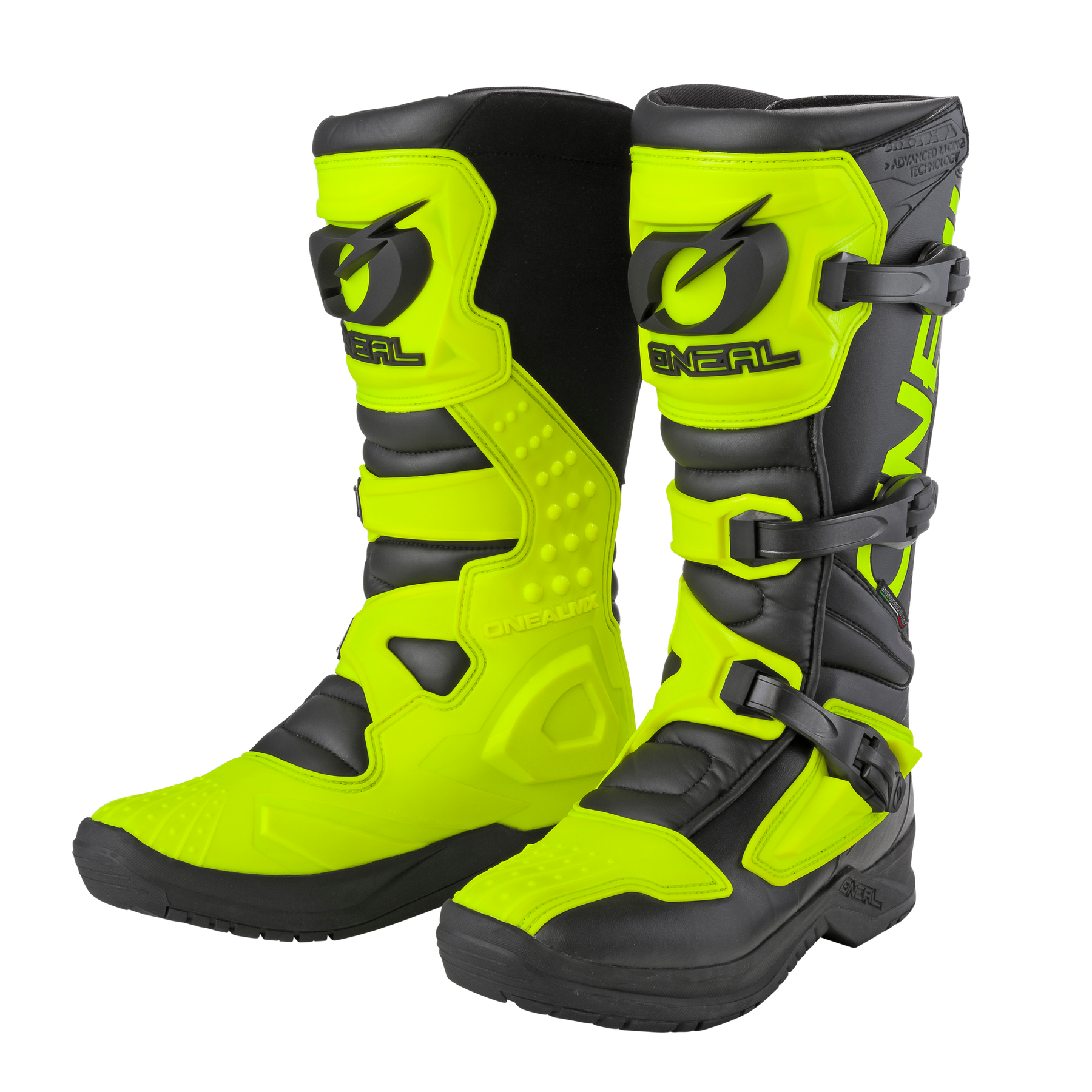 Ein kontrastreiches Paar neongelber und schwarzer Motocross-Stiefel mit mehreren Schnallen und gepolstertem Schutz. Die O'NEAL RSX Stiefel verfügen über ein auffälliges „O'NEAL“-Logo auf dem vorderen Schienbeinschutz und eine robuste Sohle für Haltbarkeit im Gelände.