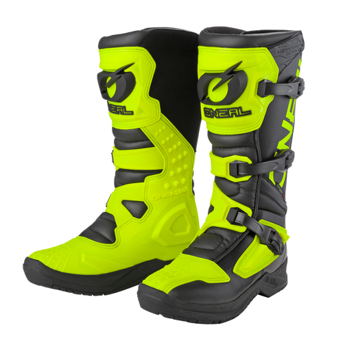 Die O'NEAL RSX Stiefel sind leuchtend gelbe und schwarze Motocross-Stiefel mit verstärkten Riemen, Schnallen, Schutzplatten, robusten Sohlen und dem O'NEAL-Logo auf der Vorderseite - ideal für den Einsatz im Gelände.