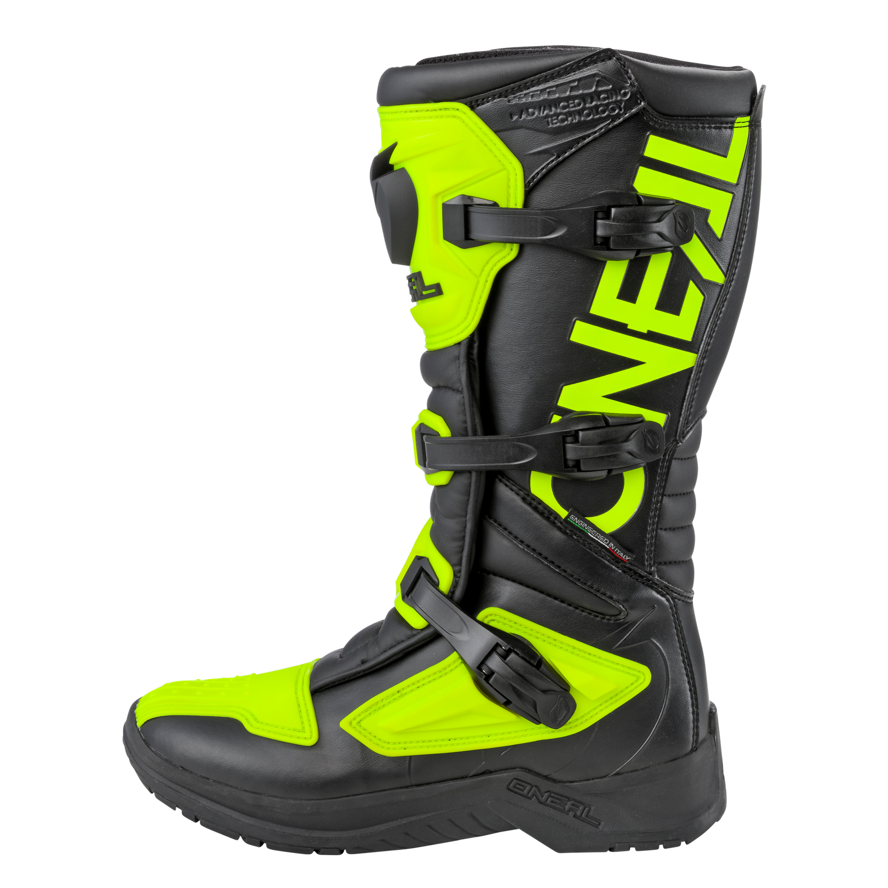 Der O'NEAL RSX Stiefel ist ein schwarzer und neongrüner Motocross-Stiefel mit robustem Design. Er verfügt über mehrere Schnallen zur sicheren Befestigung und trägt die Marke „O'NEAL“ in großen Buchstaben auf der Seite. Die dicke Sohle bietet stabilen Halt und Grip.