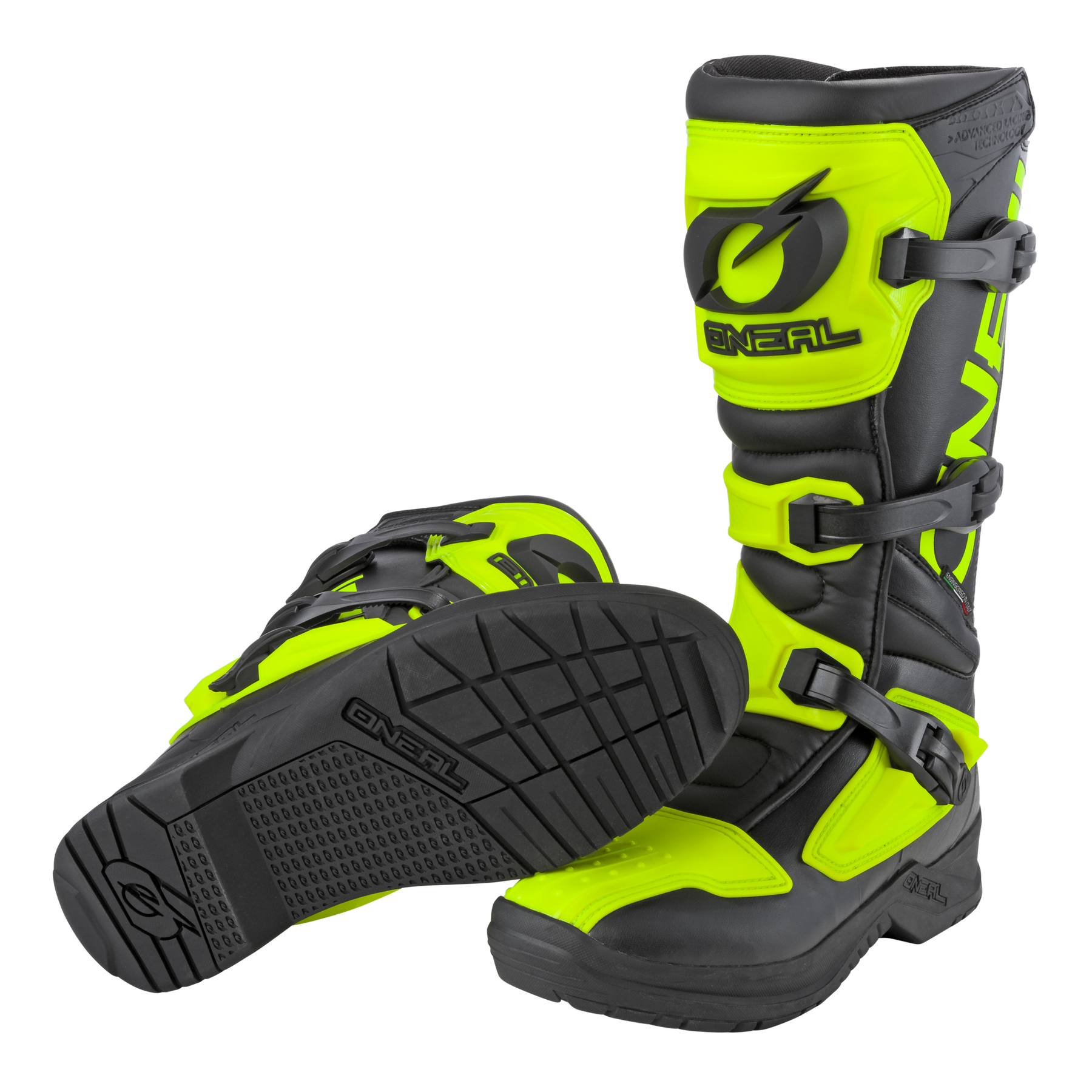 Ein Paar schwarze und neongelbe O'NEAL RSX Stiefel mit mehreren verstellbaren Schnallen. Diese Motocross-Stiefel haben ein High-Top-Design für zusätzlichen Schutz und zeigen stolz das Markenlogo „O'NEAL“ an den Seiten und Sohlen.