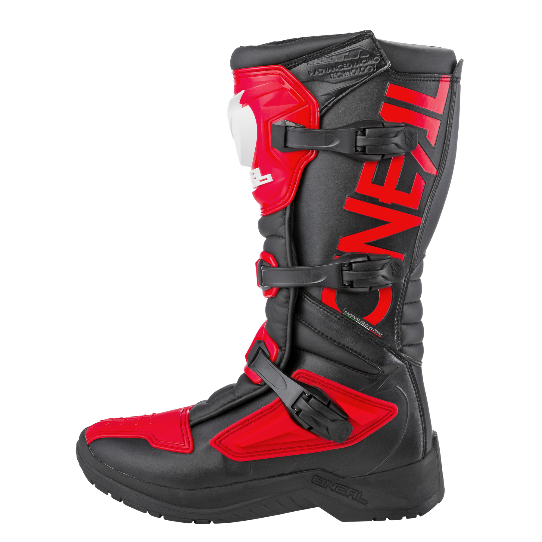 Der O'NEAL RSX Stiefel ist ein schwarz-roter Motocross-Stiefel mit auffälligen Akzenten, Schnallen und einem großen roten "O'NEAL"-Schriftzug an der Seite, der für den besten Schutz beim Motorradfahren im Gelände entwickelt wurde.