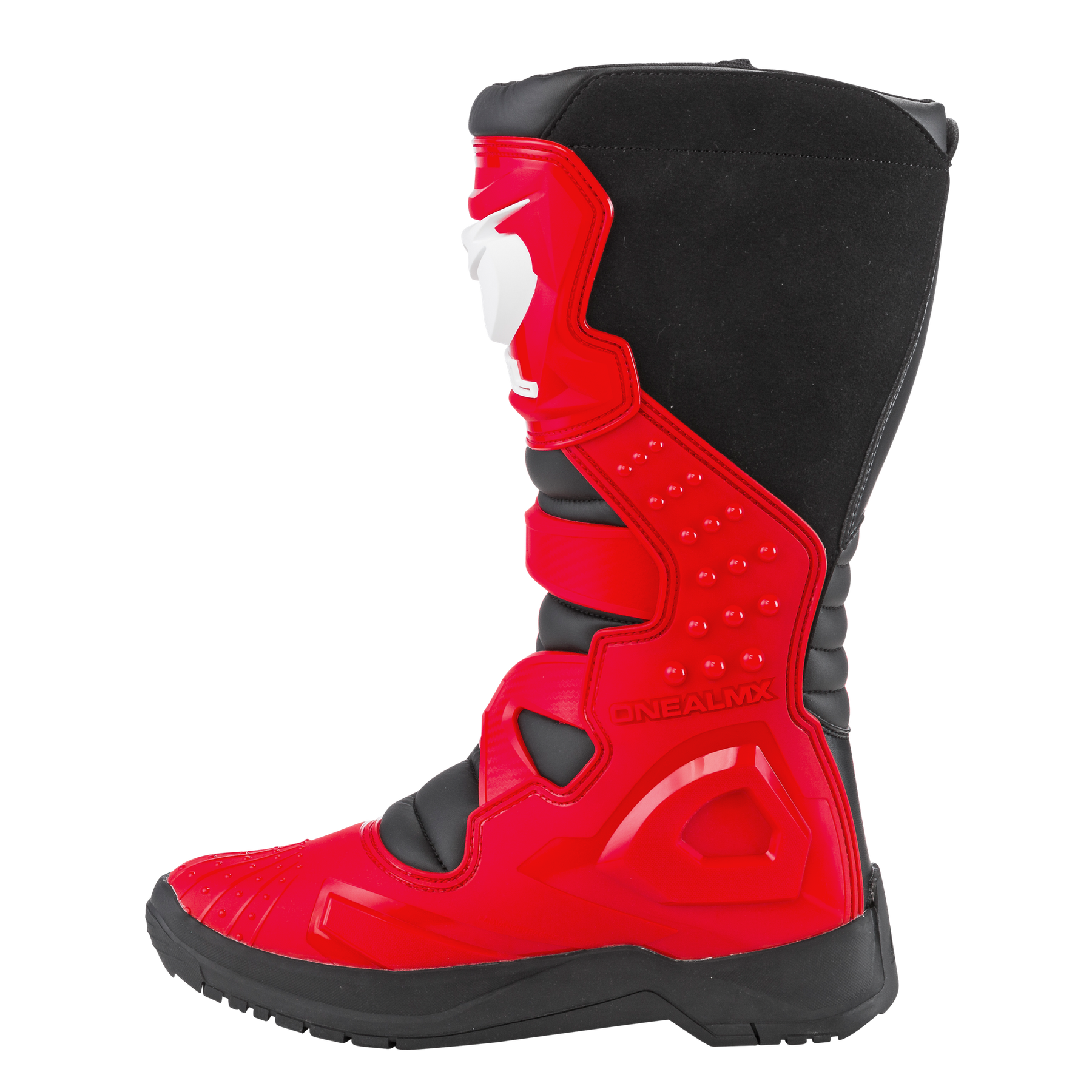Der O'NEAL RSX Stiefel ist ein hoher schwarzer und leuchtend roter Motocross-Stiefel mit Schutzpolsterung, Klettverschlüssen, einer strukturierten Sohle und einem weißen Grafik-Logo auf der oberen Vorderseite.