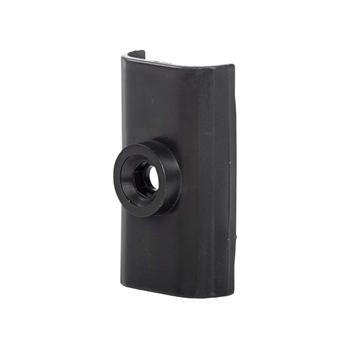 Der O'NEAL RACE TENT Double Rod Connector von O'NEAL ist ein schwarzes, rechteckiges Kunststoffteil mit abgerundeten Kanten und einer zentralen kreisförmigen Öffnung, die auf weißem Hintergrund dargestellt ist.