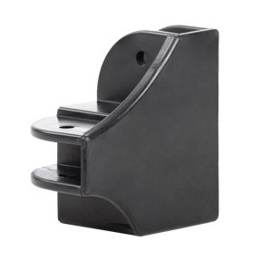 Der O'NEAL RACE TENT Side Top Connector ist ein schwarzer, kantiger Metallbügel mit zwei parallelen Befestigungslaschen und einem gebogenen Rand, der Löcher für Schrauben oder Bolzen aufweist. Er ist für die strukturelle Unterstützung oder Befestigung konzipiert und wird isoliert auf einem weißen Hintergrund dargestellt.