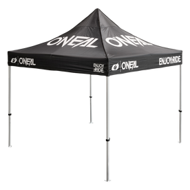 The O'NEAL RACE TENT is a black pop-up tent with white lettering "O'NEAL" and "ENJOY THE RIDE" on the roof and flounces, which stands on four metal feet.