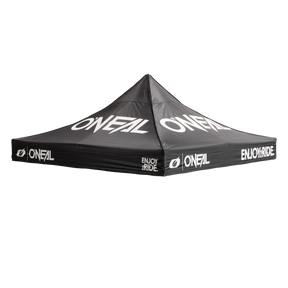 Das O'NEAL RACE TENT Cover ist eine schwarze Überdachung mit dem O'NEAL-Logo und dem Aufdruck "ENJOY THE RIDE" in Weiß auf allen Seiten und dem Dach.