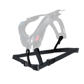 Il Neckbrace O'NEAL Harness TRON è un dispositivo nero a mani libere con cinghie regolabili, una maniglia, un pulsante rosso e un logo blu, progettato per un supporto confortevole.