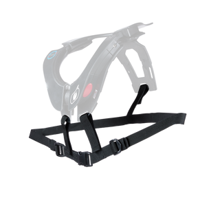 The O'NEAL Harness TRON Neckbrace is a black, hands-free device with adjustable straps, a handle, a red button and a blue logo, designed for comfortable support.