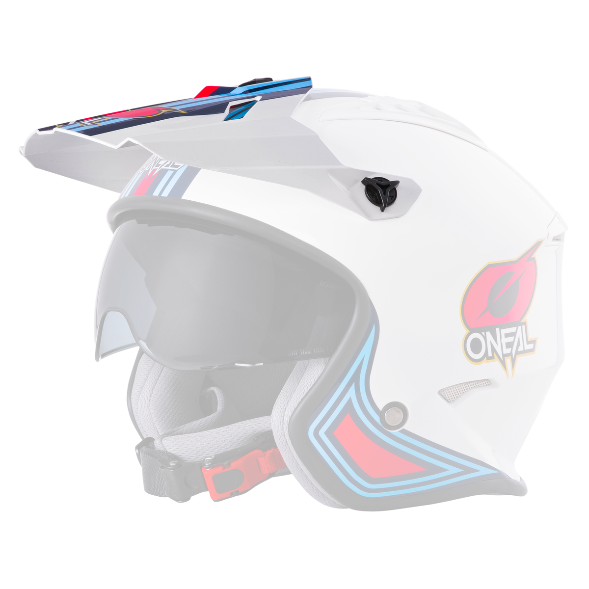 Der O'NEAL Visor VOLT Helm MN1 ist ein weißer Motocross-Helm mit leuchtend roten, blauen und schwarzen Akzenten. Er verfügt über ein Visier, aerodynamische Lamellen an Ober- und Rückseite und trägt das auffällige O'Neal-Logo an der Seite. Das Innenfutter ist grau und hat einen sicheren roten Verschluss für zusätzliche Sicherheit.