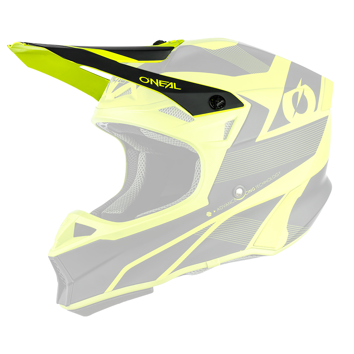 Der O'NEAL Visor 10SRS Hyperlite Helmet COMPACT ist ein neongelber und schwarzer Integralhelm für Motorräder mit eckigen Designelementen und der markanten Marke „O'NEAL“ auf der Oberseite und an der Seite. Dieser Helm zeichnet sich durch eine aerodynamische Form und fortschrittliche Belüftungstechnologie aus.