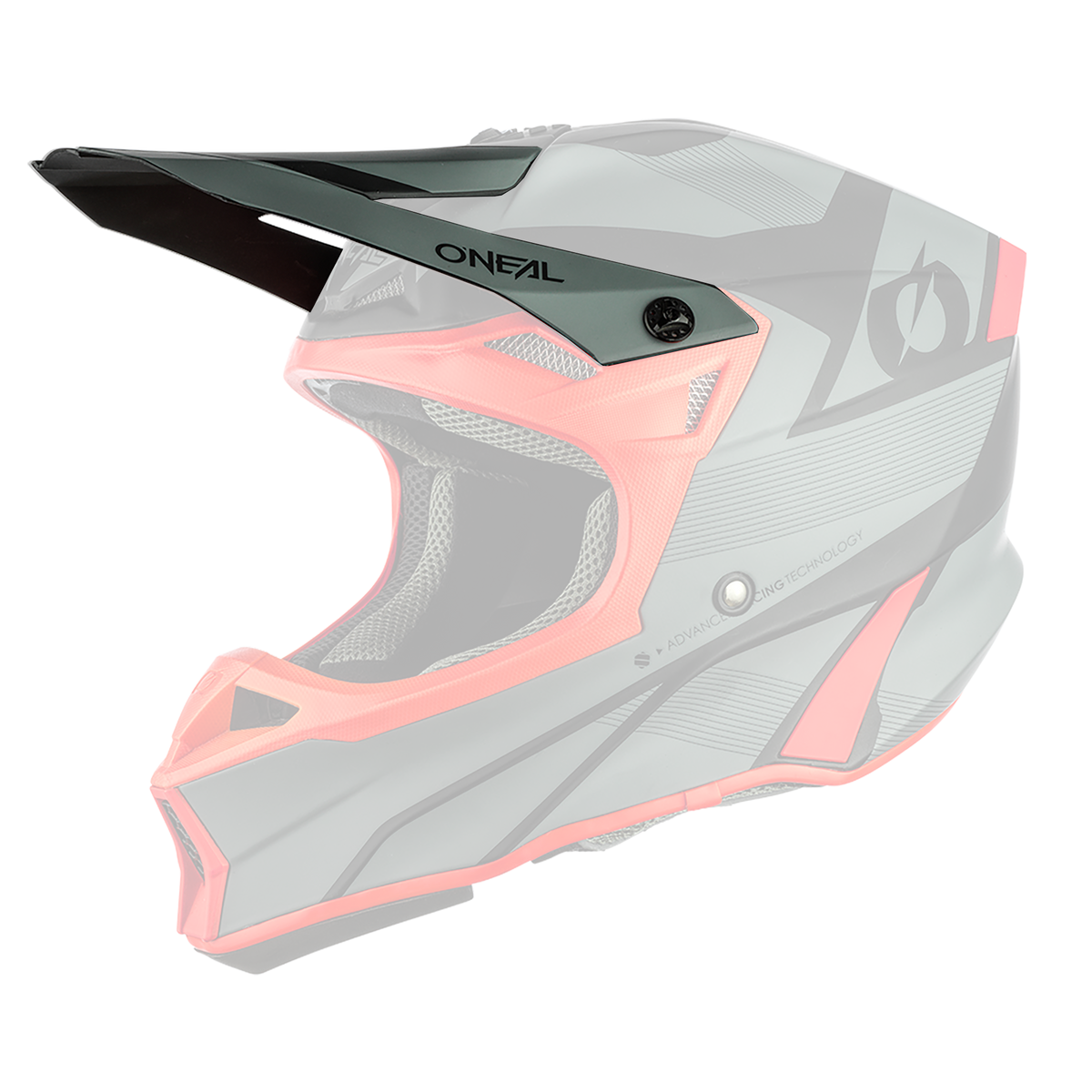 Ein mattgrauer und roter Motocross-Helm mit einem schlanken, kantigen Design. Der Markenname „O'NEAL“ ist auf der Oberseite abgebildet. Der O'NEAL Visor 10SRS Hyperlite Helmet COMPACT verfügt über ein markantes Visier, Belüftungsöffnungen und auffällige geometrische Muster in Schwarz und Rot.