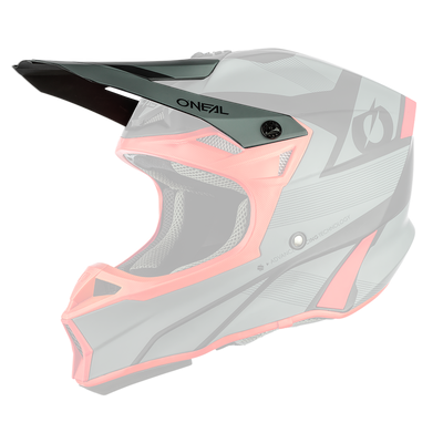 Ein mattgrauer und roter Motocross-Helm mit einem schlanken, kantigen Design. Der Markenname „O'NEAL“ ist auf der Oberseite abgebildet. Der O'NEAL Visor 10SRS Hyperlite Helmet COMPACT verfügt über ein markantes Visier, Belüftungsöffnungen und auffällige geometrische Muster in Schwarz und Rot.