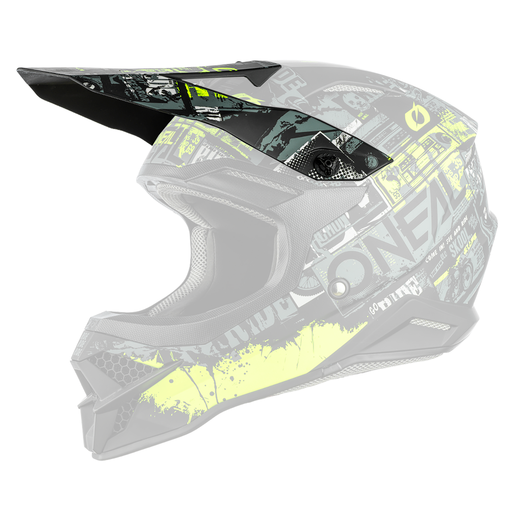 Der O'NEAL Visor 3SRS Helmet RIDE ist ein schwarz-grauer Motocross-Helm mit neongelb-grüner, geometrischer Grafik, dem O'NEAL-Logo und einzigartigen Seitendesigns.