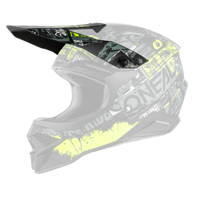 Der O'NEAL Visor 3SRS Helmet RIDE ist ein schwarz-grauer Motocross-Helm mit neongelb-grüner, geometrischer Grafik, dem O'NEAL-Logo und einzigartigen Seitendesigns.