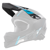 Der O'NEAL Visor 3SRS Helm VISION ist ein schwarzer Motocross-Helm mit blauen und weißen Akzenten. Er verfügt über ein Visier und einen Kinnschutz, auf dessen Oberseite „O'NEAL“ in Blau steht. Die Innenpolsterung ist grau und das Design weist schlanke aerodynamische Linien auf.