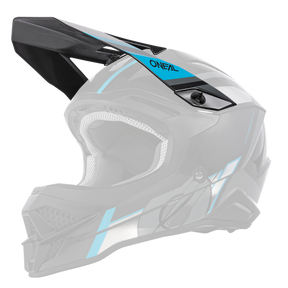 Der O'NEAL Visor 3SRS Helm VISION ist ein schwarzer Motocross-Helm mit blauen und weißen Akzenten. Er verfügt über ein Visier und einen Kinnschutz, auf dessen Oberseite „O'NEAL“ in Blau steht. Die Innenpolsterung ist grau und das Design weist schlanke aerodynamische Linien auf.