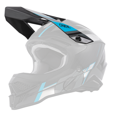 Der O'NEAL Visor 3SRS Helm VISION ist ein schwarzer Motocross-Helm mit blauen und weißen Akzenten. Er verfügt über ein Visier und einen Kinnschutz, auf dessen Oberseite „O'NEAL“ in Blau steht. Die Innenpolsterung ist grau und das Design weist schlanke aerodynamische Linien auf.