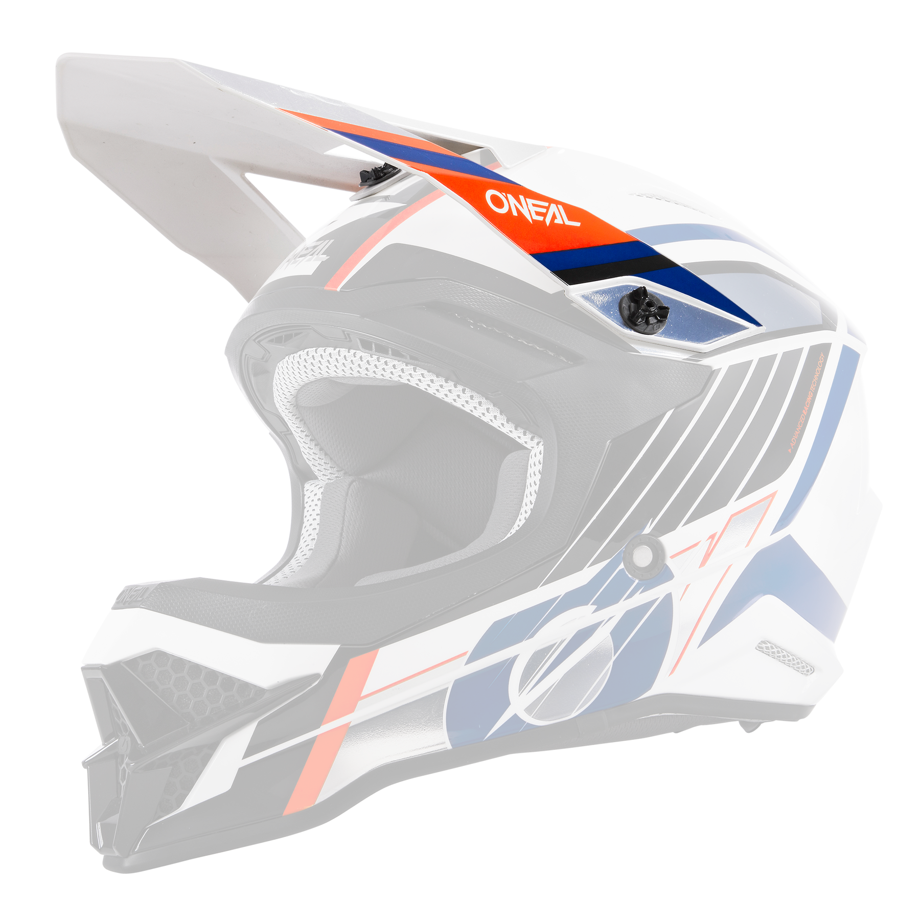 Der O'NEAL Visor 3SRS Helmet VISION ist ein weißer Motocross-Helm mit roten, blauen und schwarzen geometrischen Motiven, einem Visier, einem Kinnschutz und dem "O'NEAL"-Schriftzug im oberen Bereich.