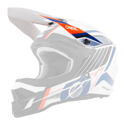 Der O'NEAL Visor 3SRS Helmet VISION ist ein weißer Motocross-Helm mit roten, blauen und schwarzen geometrischen Motiven, einem Visier, einem Kinnschutz und dem "O'NEAL"-Schriftzug im oberen Bereich.
