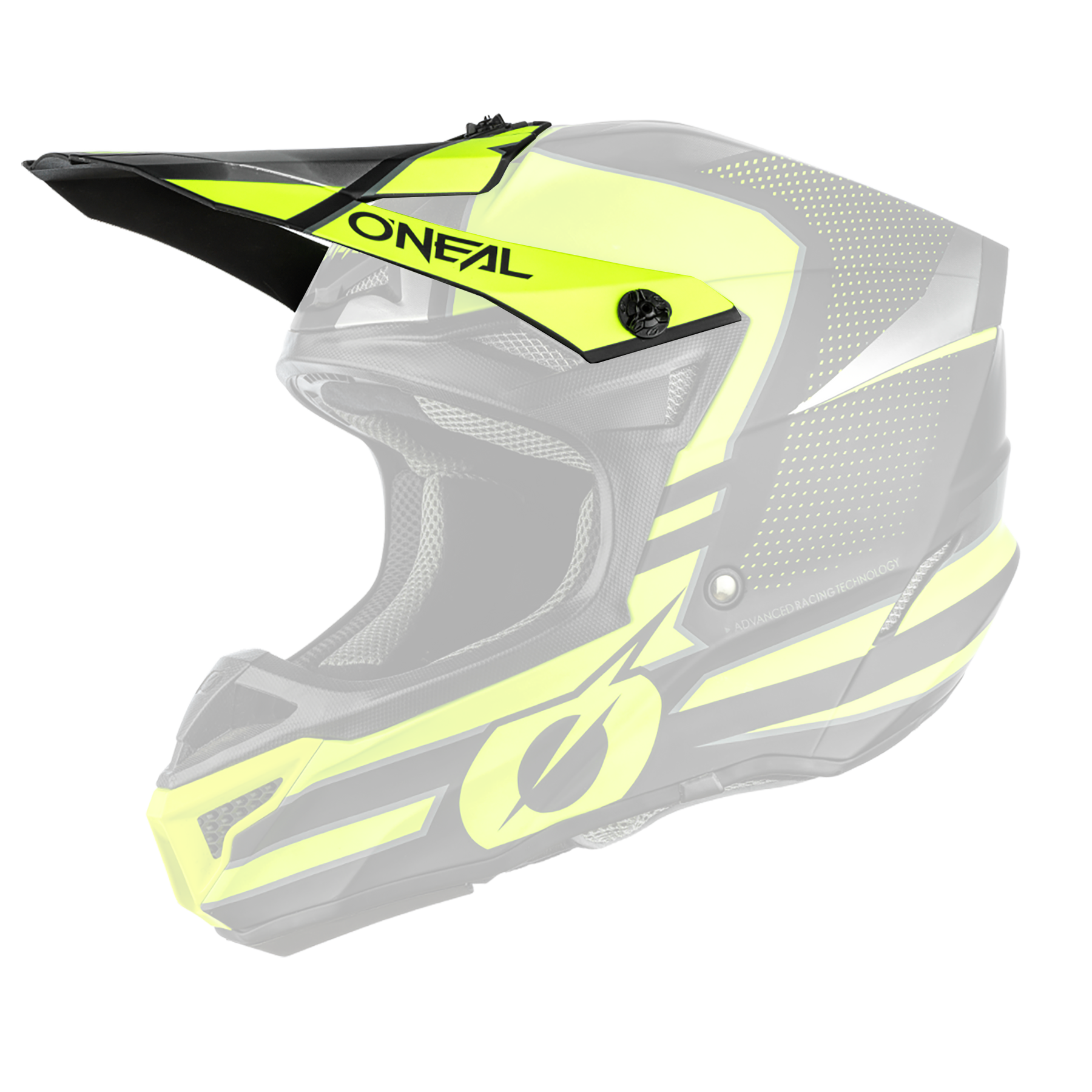 Der O'NEAL Visor 5SRS Polyacrylite Helmet SLEEK ist ein schwarzer und neongelber Motocross-Helm mit Visier, Mesh-Innenausstattung, geometrischen Seitengrafiken und dem auf der Vorderseite aufgedruckten Markennamen "O'NEAL".