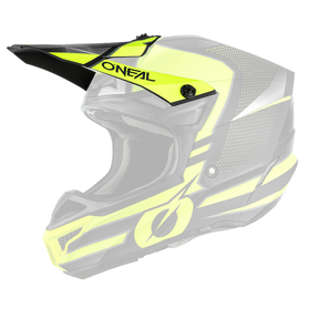 Der O'NEAL Visor 5SRS Polyacrylite Helm SLEEK ist ein Offroad-Motorradhelm mit gelb-schwarzem Farbschema, schlankem Design, markantem Visier, kräftigen geometrischen Mustern und Belüftungseinlässen. Der Markenname „O'Neal“ ist auf der Vorderseite über dem Visier sichtbar.