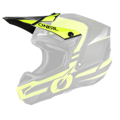 Der O'NEAL Visor 5SRS Polyacrylite Helmet SLEEK ist ein schwarzer und neongelber Motocross-Helm mit Visier, Mesh-Innenausstattung, geometrischen Seitengrafiken und dem auf der Vorderseite aufgedruckten Markennamen "O'NEAL".