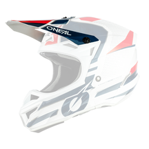 Seitenansicht des O'NEAL Visor 5SRS Polyacrylite Helms SLEEK, entworfen von O'Neal, mit Visier und Vollgesichtsschutz. Der Helm hat eine weiße Grundfarbe mit blauen und roten Akzenten und das O'Neal-Logo ist deutlich auf der Seite zu sehen.