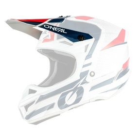 Seitenansicht des O'NEAL Visor 5SRS Polyacrylite Helms SLEEK, entworfen von O'Neal, mit Visier und Vollgesichtsschutz. Der Helm hat eine weiße Grundfarbe mit blauen und roten Akzenten und das O'Neal-Logo ist deutlich auf der Seite zu sehen.